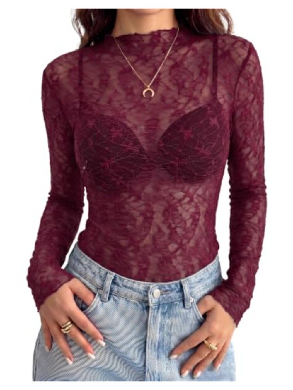 Sheer Mesh Lace Blouse Mock Neck Long Sleeve Slim Fit Top